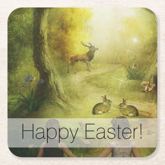 Schöne Vintage Kaninchenwaldlandschaft Ostern Rechteckiger Pappuntersetzer (Vorderseite)