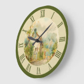 Schöne Vintage Landschaft Hütte grün Große Wanduhr (Winkel)