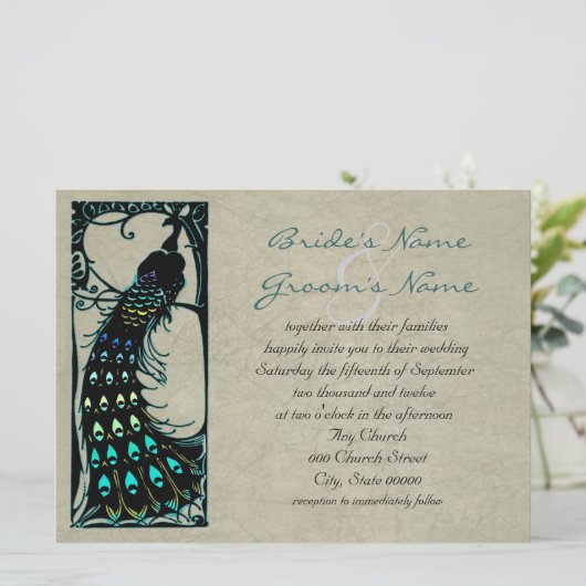 Schöne Vintage Pfauenhochzeit Einladung (Stehend Vorderseite)