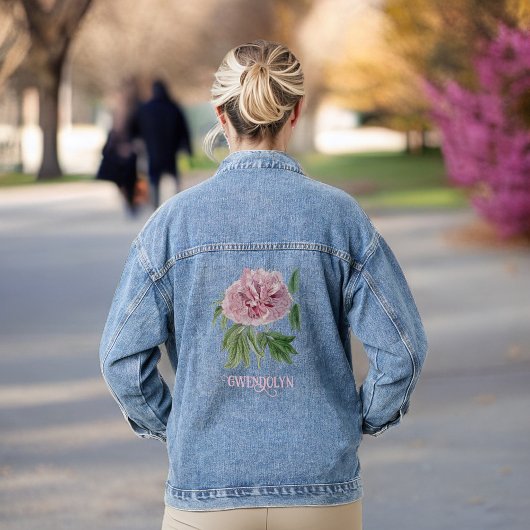 Schöne, Vintage Pink Peony und Monogram Name Jeansjacke