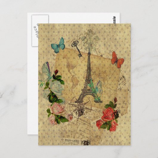 Schöne Vintage Postkarten Collage Eiffelturm (Vorne/Hinten)