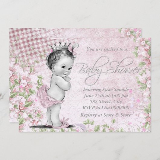 Schöne Vintage Rosa Kinderdusche Einladung (Vorne/Hinten)