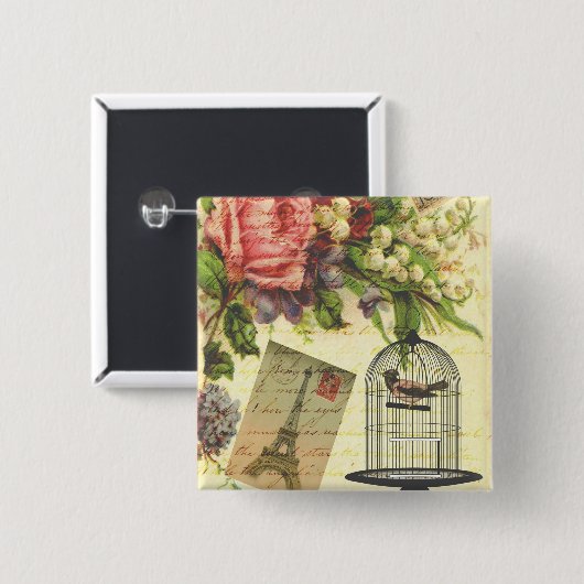 Schöne, Vintage Rose Blume Eiffelturm Button (Vorne & Hinten)