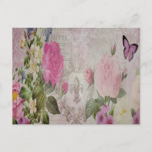 Schöne Vintage-Rosen Schmetterling Fleur de Lis Postkarte