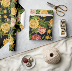 Schöne vintage schwarze Blumendekoration in Rosa u Geschenkpapier