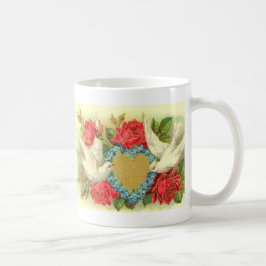Schöne Vintage Valentine-Tauben u. Rosen Kaffeetasse