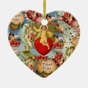 Schöne Vintage-Valentinstag-Liebes-Cherub-Collage Keramikornament