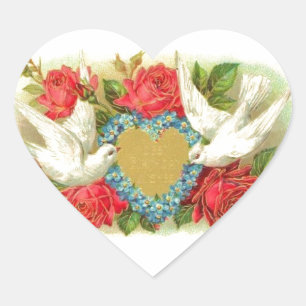 Schöne Vintage-Valentinstag-Tauben und Rosen Herz-Aufkleber