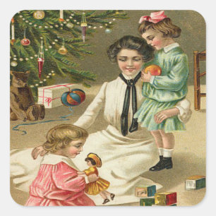 Schöne Vintage Viktorianische Familie Weihnachten Quadratischer Aufkleber