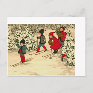 Schöne Vintage-Weihnachten Kinder Skischnee Postkarte