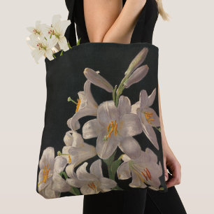Schöne Vintage weiße Lilien auf schwarz Stilvoll Tasche