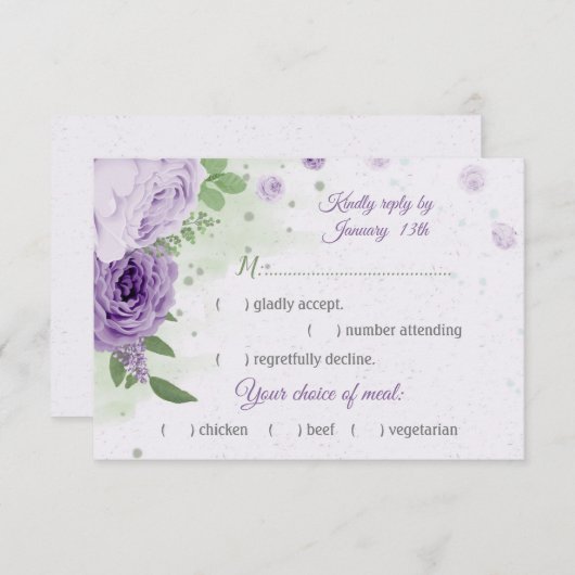 schöne violette Blumen, grüne Blätter - Auswahl RSVP Karte (Vorne/Hinten)