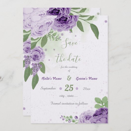 schöne violette Blumen grüne Blätter botanisch Save The Date (Vorne/Hinten)