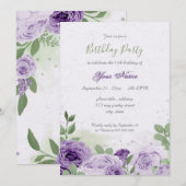 schöne violette Blumen grüne Blätter Geburtstag Einladung (Vorne/Hinten)