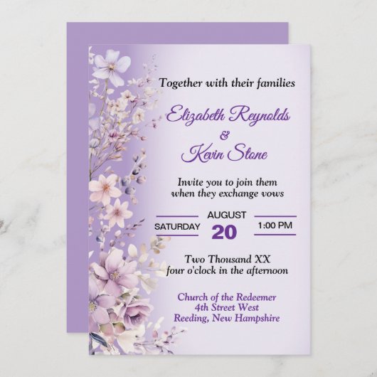 Schöne violette Blumen Hochzeit Einladung (Vorne/Hinten)