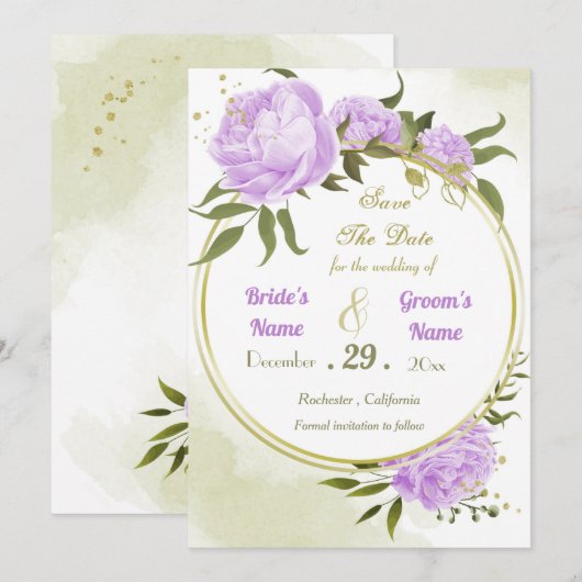 schöne violette Blumenkranke mit grünen Blätter Save The Date (Vorne/Hinten)