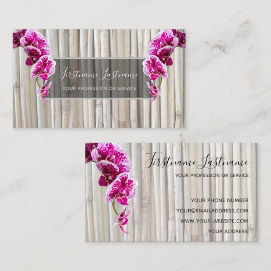 Schöne violette Rosa-Orchideenblüten auf Bambus Visitenkarte (Vorne/Hinten)