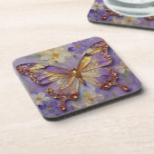 Schöne violette Schmetterlinge und Blumen Getränkeuntersetzer (Linke Seite)