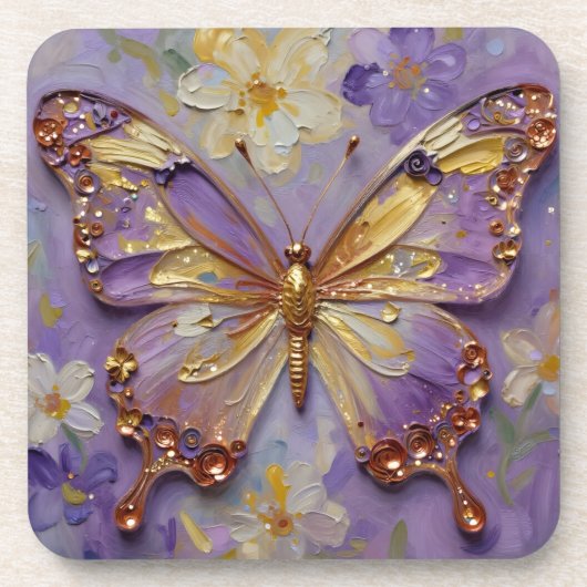 Schöne violette Schmetterlinge und Blumen Getränkeuntersetzer (Vorderseite)