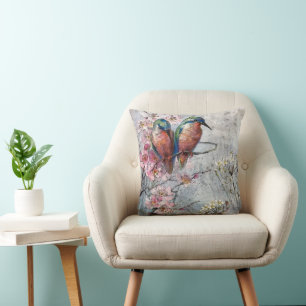 Schöne Vögel paarweise Aquarell bemalt Kissen