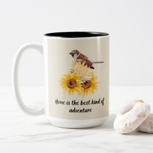 Schöne Vögel & Sonnenblumen mit Angebot Zweifarbige Tasse (Mit Donut)