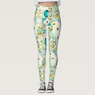 Schöne Volkskunst Weiße und Türkisblaue Blumen   Leggings