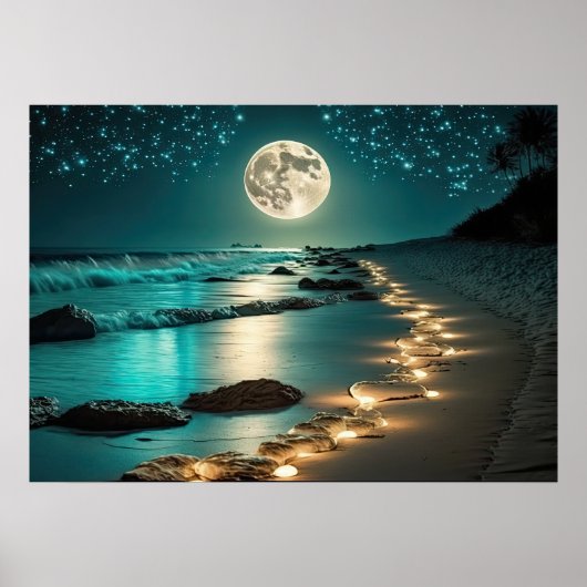 Schöne Vollmond Beach Starry Night Poster (Vorne)
