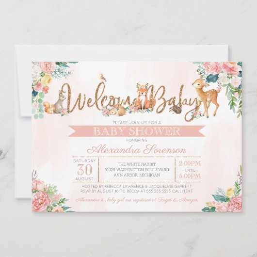 Schöne Waldtierdusche für Mädchen Einladung (Vorderseite)