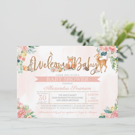 Schöne Waldtierdusche für Mädchen Einladung (Stehend Vorderseite)