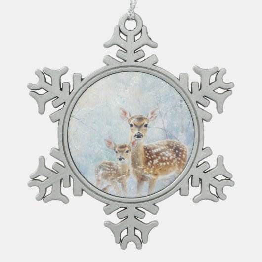Schöne Waldtiere Hirsche Schneeflocken Zinn-Ornament (Vorderseite)