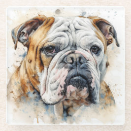 SCHÖNE WASSERCOLOR-BROWN-WEISSE BULLDOG-GESICHT GLASUNTERSETZER