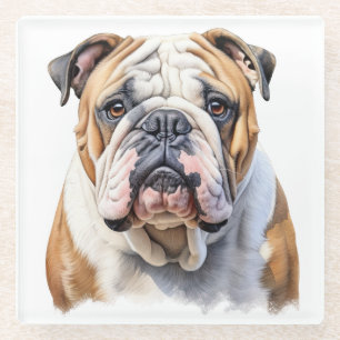 SCHÖNE WASSERCOLOR-BROWN-WEISSE BULLDOG-GESICHT GLASUNTERSETZER