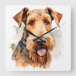 SCHÖNE WASSERFARBE BROWES AIREDALE TERRIER DOG QUADRATISCHE WANDUHR