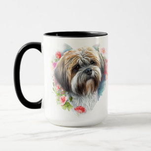 SCHÖNE WASSERFARBE BROWIN WHITE LHASA APSO HUND TASSE