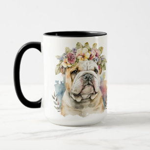 SCHÖNE WASSERFARBE BROWN WHITE BULLDOG HUND TASSE