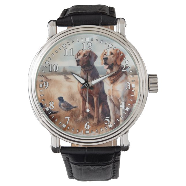 Schöne Wasserfarbe Jagdhunde beobachten Armbanduhr (Vorderseite)