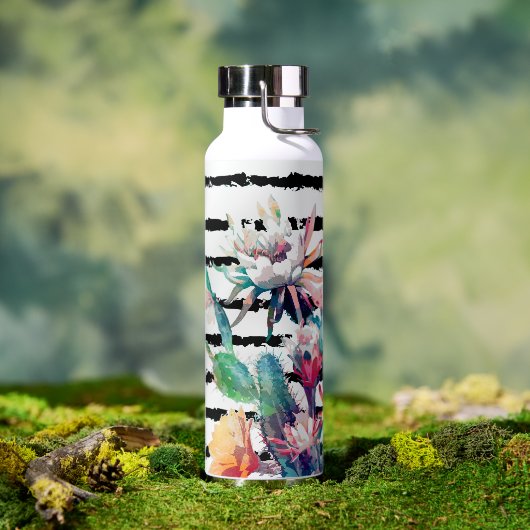 Schöne Wasserfarbe-Kaktus-Blumen mit schwarzen Str Trinkflasche (Außenbereich (gedreht))