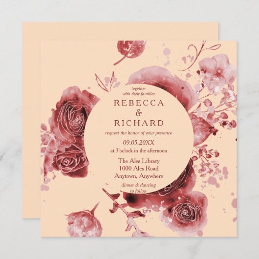 Schöne Wasserfarbe Peach Burgund Hochzeit mit Blum Einladung (Vorne/Hinten)