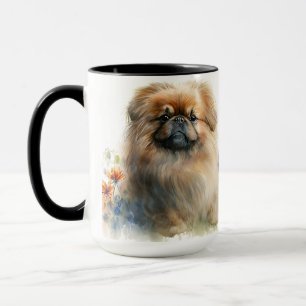 SCHÖNE WASSERFARBE PEKINGESE HUND UND BLUME TASSE