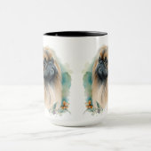 SCHÖNE WASSERFARBE PEKINGESE HUND UND BLUME TASSE (Zentrum)