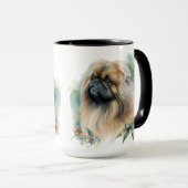 SCHÖNE WASSERFARBE PEKINGESE HUND UND BLUME TASSE (VorderseiteRechts)