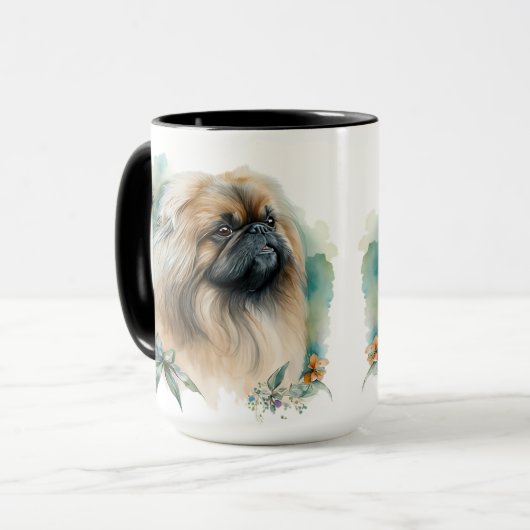 SCHÖNE WASSERFARBE PEKINGESE HUND UND BLUME TASSE (Vorderseite Links)