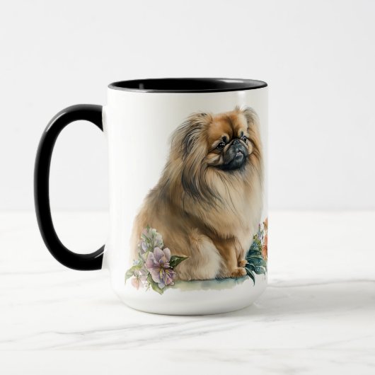 SCHÖNE WASSERFARBE PEKINGESE HUND UND BLUME TASSE (Links)
