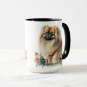 SCHÖNE WASSERFARBE PEKINGESE HUND UND BLUME TASSE (VorderseiteRechts)