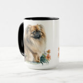 SCHÖNE WASSERFARBE PEKINGESE HUND UND BLUME TASSE (Vorderseite Links)