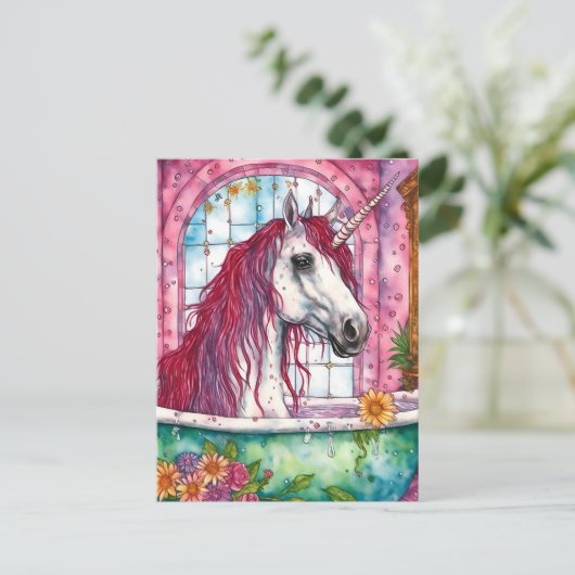 Schöne Wasserfarbe Rosa Mane Einhorn Bathtime Postkarte (Stehend Vorderseite)