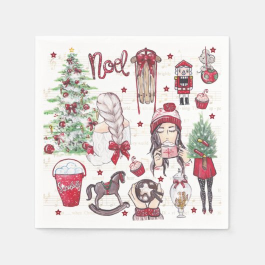 Schöne Wasserfarbe Rote Weihnachtselemente Serviette (Vorderseite)