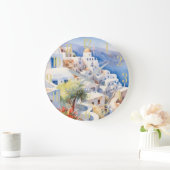 Schöne Wasserfarbe Santorini Griechenland Reisen Große Wanduhr (Zuhause)