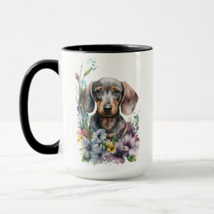 SCHÖNE WASSERFARBE SCHWARZ UND DACKEL HUND TASSE