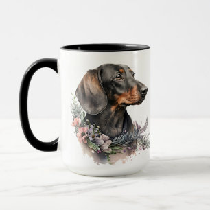 SCHÖNE WASSERFARBE SCHWARZ UND DACKEL HUND TASSE